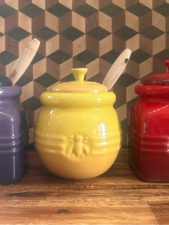 Le Creuset Other - RARE Le Creuset Stoneware Set of 3 Jars (Dijon Yellow, Cerise, Cassis) - NIB